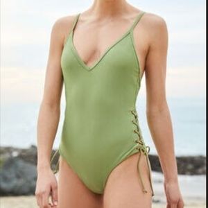 Ribbed Lace-Up One Piece Swimsuit